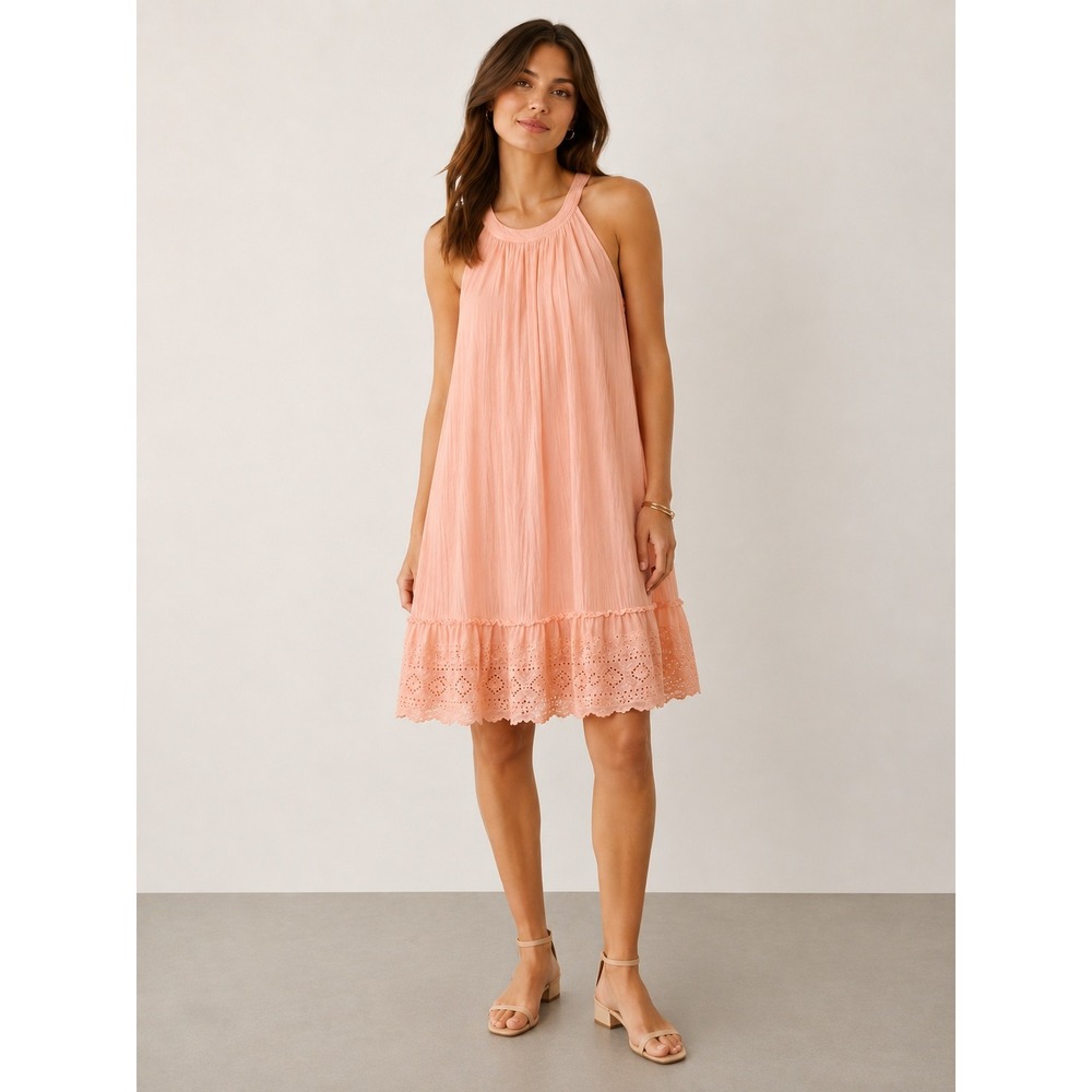 LOFT Peach Halter Eyelet Mini Dress Sleeveless Crinkle Trapeze Pink Small 468040